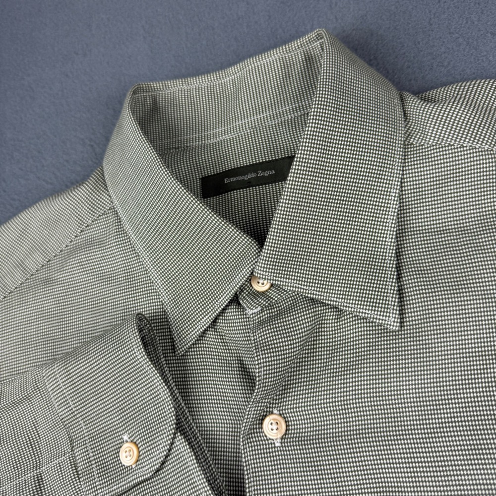 Ermenegildo Zegna Shirt Men's XL Green Micro Gingham Cotton Button Up Italy